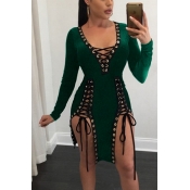 Sexy V Neck Long Sleeves Lace-up Hollow-out Green 