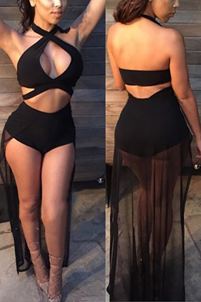 

Lovely Nylon Solid Two-piece Swimwear, Black