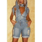 Sexy Hooded Collar Short Sleeves Hollow-out Blue D