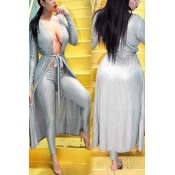 Grey Velvet Pants Solid V Neck Long Sleeve Sexy Tw