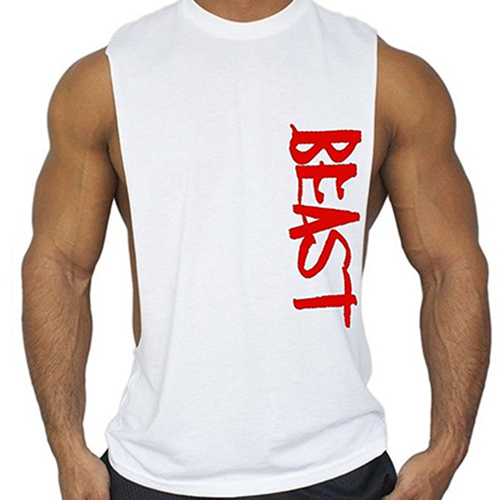 Casual Round Neck Sleeveless Letters Printed White Cotton Tank Top for men