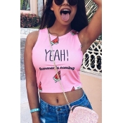 Leisure Round Neck Sleeveless Letters Printed Pink