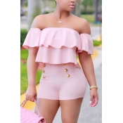 Sexy Bateau Neck Short Sleeves Falbala Design Pink