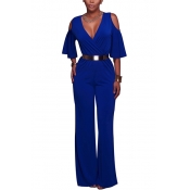 Stylish V Neck Half Sleeves Hollow-out Blue Polyes