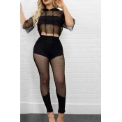 Sexy Half Sleeves Patchwork See-Through Black Poly