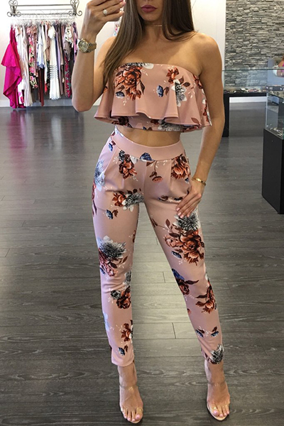 Charming Dew Shoulder Printed Falbala Design Pink Healthy Fabric Two-piece Pants Set(Non Positioning Printing) от Lovelywholesale WW