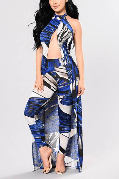 Stylish Sleeveless Printed Hollow-out Blue Two-piece Pants Set