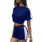 Leisure Round Neck Short Sleeves Hollow-out Blue P