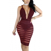 Sexy Deep V Neck Sleeveless Backless Wine Red Poly