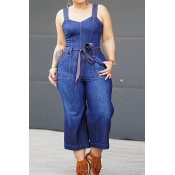 Trendy Dark Blue Denim One-piece Jumpsuits