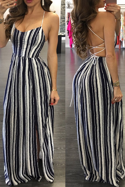 Sexy Lace-up Backless Black-white Striped Chiffon Ankle Length Dress