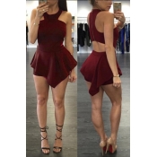 Leisure Round Neck Sleeveless Hollow-out Wine Red 