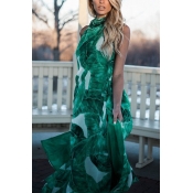 Stylish Backless Green Chiffon Ankle Length Dress