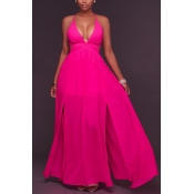Sexy V Neck Backless Rose Red Chiffon Floor Length