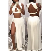 Sexy V Neck Backless White Cotton Blend Two-piece 