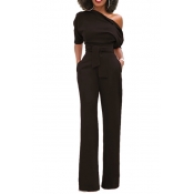 Stylish One-shoulder Black Polyester One-piece Jum