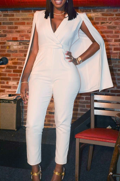 

Stylish V Neck White Twilled One-piece Jumpsuits