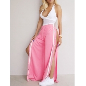 Sexy Elastic Waist High Split Pink Polyester Pants