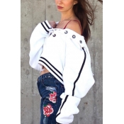 Leisure Hooded Collar Long Sleeves Lace-up White C