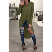 Leisure Round Neck Long Sleeves Army Green Blendin