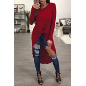 Leisure Round Neck Long Sleeves Wine Red Blending 