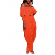 Stylish Dew Shoulder Falbala Design Orange Polyest