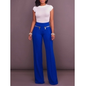 Fashion High Waist Blue Cotton Blends Pants