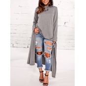 Leisure Round Neck Long Sleeves Grey Cotton Blends