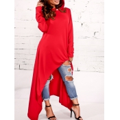 Leisure Round Neck Long Sleeves Red Cotton Blends 