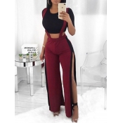 Trendy High Waist Patchwork Hollow-out Wine Red Po