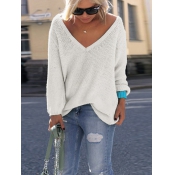 Leisure V Neck Long Sleeves White Wool Sweaters