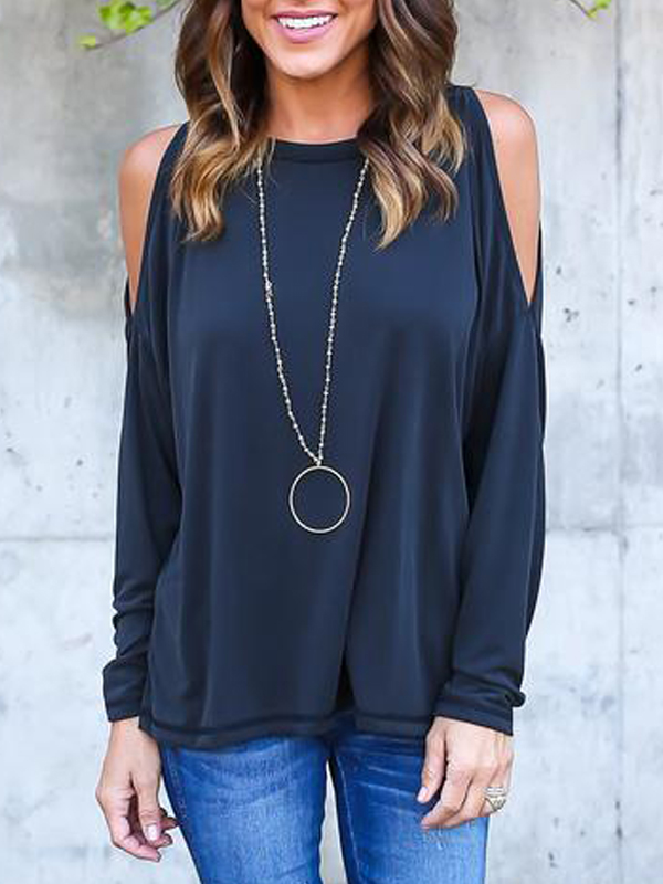 

Leisure Round Neck Long Sleeve Hollow-out Navy Blue Cotton Blouses
