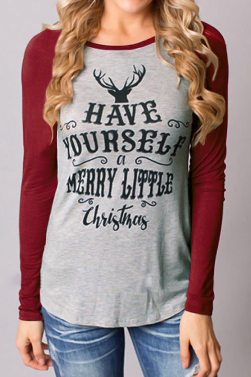 

Christmas Print Long Sleeves T-shirt, Wine red