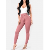 Euramerican High Waist Lace-up Pink Polyester Pant