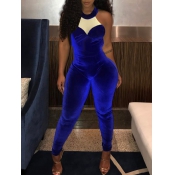Charming Round Neck Gauze Splicing Blue Velvet One