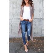 Leisure Long Sleeves Light Gray Cotton Cardigans