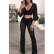 Sexy V Neck Hollow-out Black Bud Silk Two-piece Pa