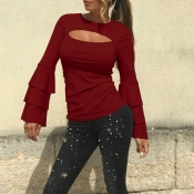 Stylish Round Neck Long Sleeves Hollow-out Wine Re