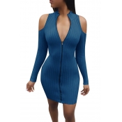 Euramerican Hollow-out Zipper Design Navy Blue Pol