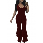 Euramerican V Neck Zipper Design Wine Red Polyeste