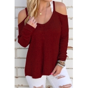Stylish Long Sleeves Hollow-out Wine Red Polyester