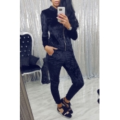 Blue Velvet Pants Plain Turndown Collar Long Sleev