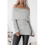 Knitting Bateau Neck Long Sleeve Regular Pullovers