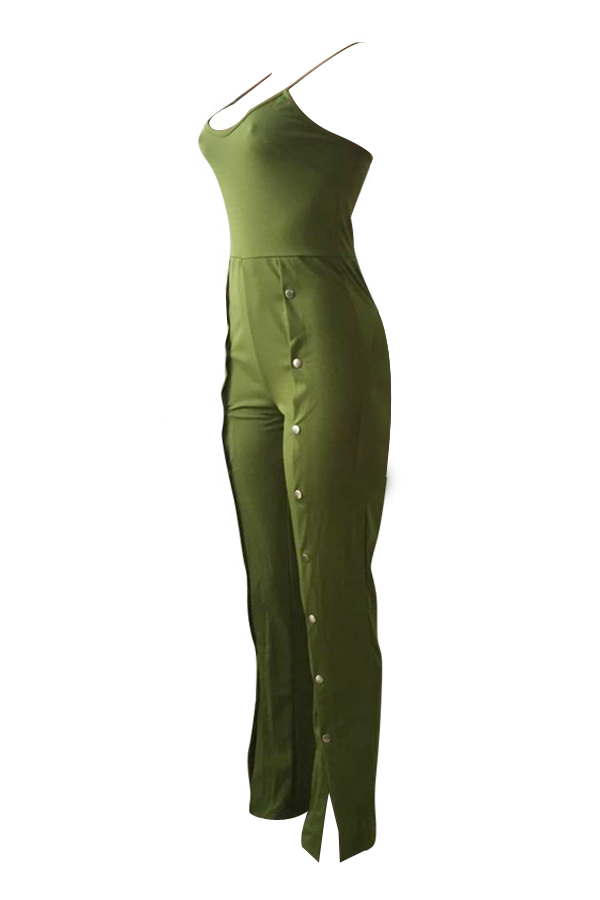 Sexy U Neck Buttoned Design Green Polyester One-piece Jumpsuits от Lovelywholesale WW