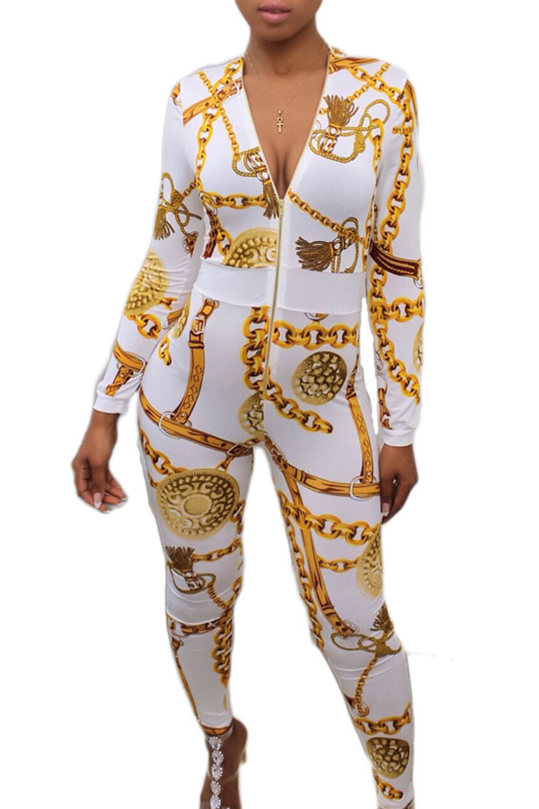 Euramerican V Neck Zipper Design Printed White Polyester One-piece Jumpsuits от Lovelywholesale WW