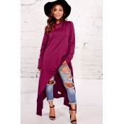 Leisure Round Neck Long Sleeves Purple Cotton Blen