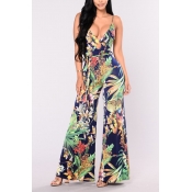 Sexy V Neck Floral Print Blue Polyester One-piece 
