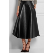 Trendy Mid Black Leather Mid Calf Skirts