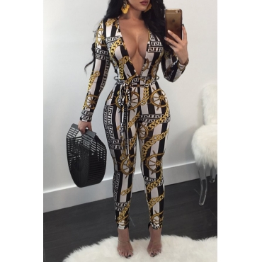 Stylish Deep V Neck Print Polyester One-piece Jumpsuits