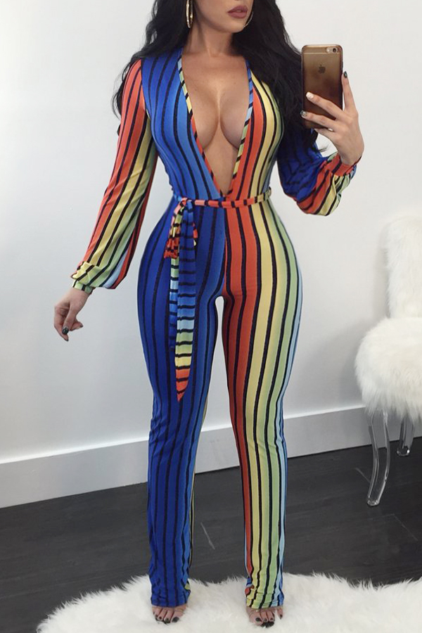 Trendy Deep V Neck Striped Printed Polyester One-piece Jumpsuits от Lovelywholesale WW
